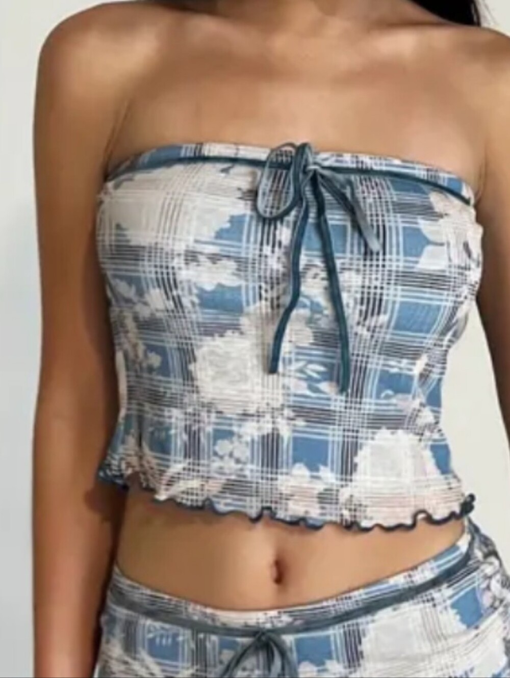 Tiger Mist Floral Plaid Crop Tube Top Tank Baby Blue Medium